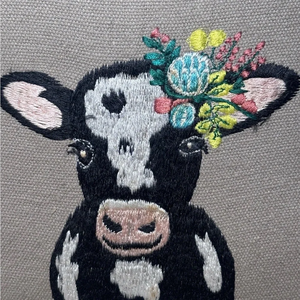 Charming Cow Embroidery Wall Art - White Frame